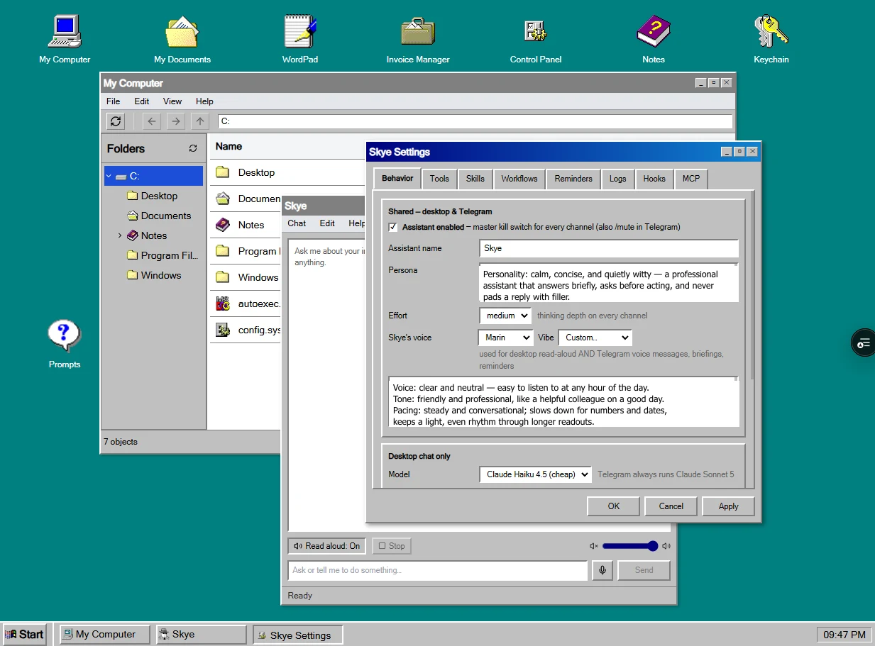 Windows 98-style web OS desktop: File Explorer browsing the virtual filesystem, the Skye assistant chat window, and Skye Settings open on the Behavior tab